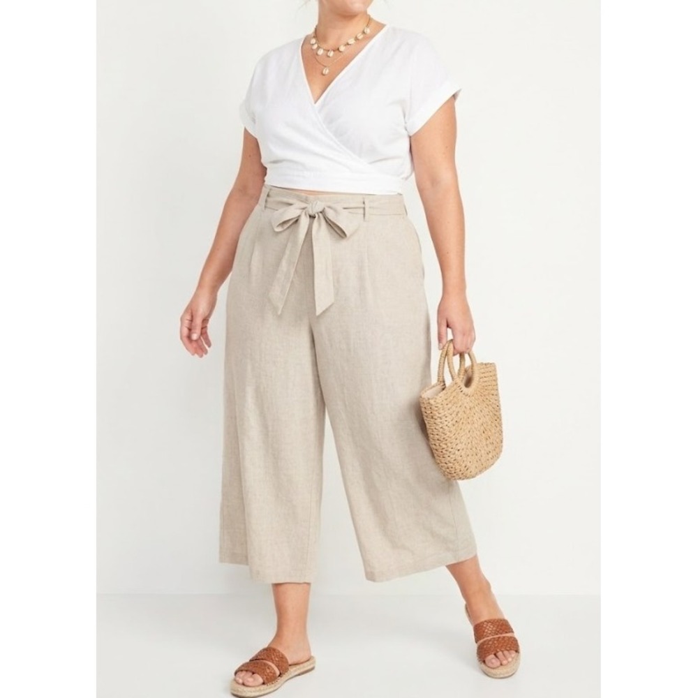 New Blue Sol Linen Blend Crop Pants 2X Beige Wide Leg Tie Waist Vacation